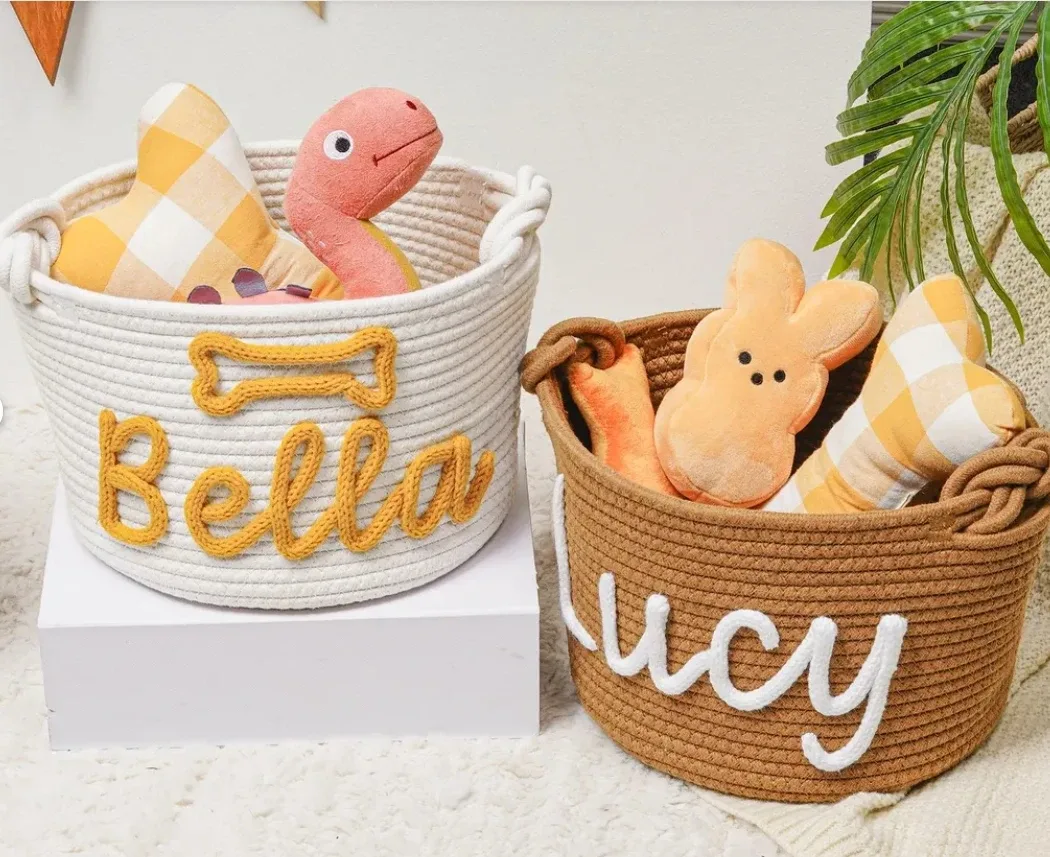 panier personnalisé pour bébé, corde brodée en coton, cadeaux pour nouveau-né, sac de rangement pour cadeau de réception-cadeau pour bébé, organisateur de jouets pour enfants