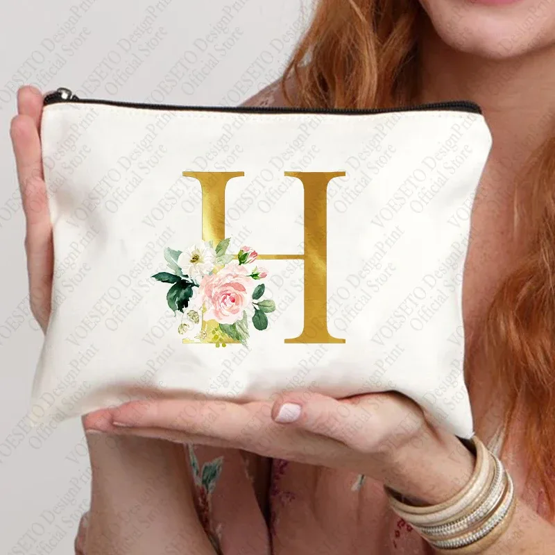 sac à fermeture éclair à motif initial pour femme, trousse de maquillage cosmétique, poudres de toile de bain de mariage, sacs de rouge à lèvres de voyage, cadeau de fête d'enterrement de vie de jeune fille