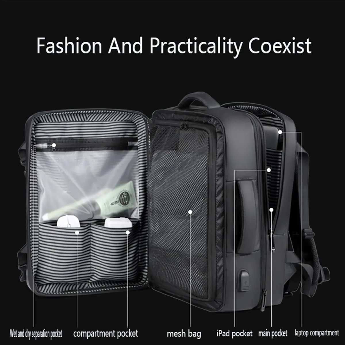 sac à dos rigide pour ordinateur portable 17 pouces pour homme, grande capacité 50l, extensible, étanche, sac à dos de voyage avec chargement usb, mochilas de hombre