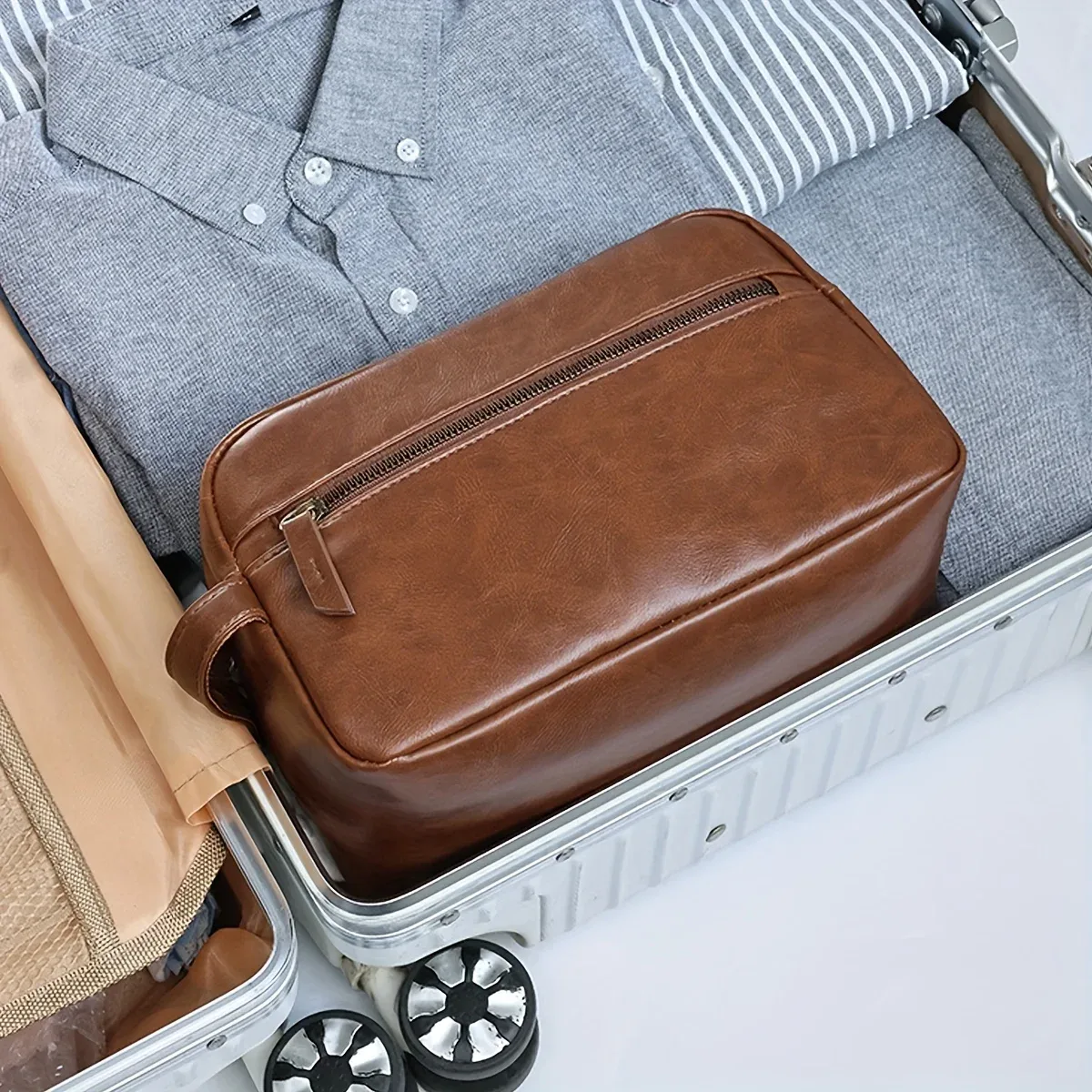 trousse de toilette imperméable en cuir pu pour hommes et femmes, voyage d'affaires, salle de bain, outils de rasage, sac de rangement, pochette de maquillage, sac à cosmétiques pour femmes
