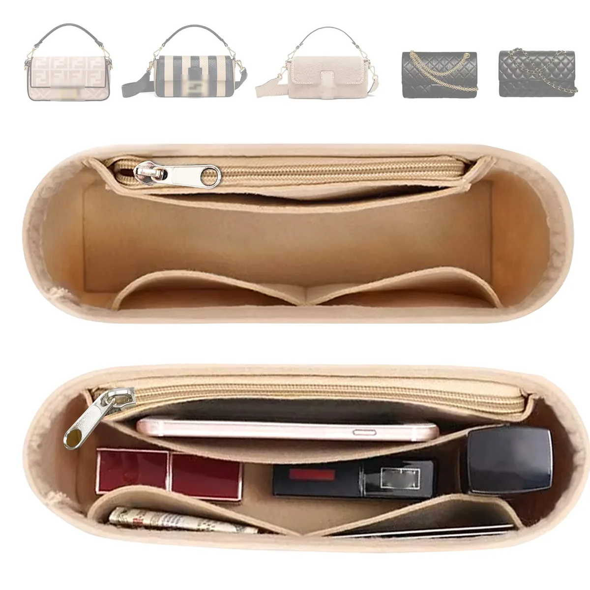 Insert organisateur de sac à main en feutre avec fermeture éclair – Pochette intérieure pour sacs à bandoulière, sacs à main et fourre-tout, sac de rangement pour femmes, 3 tailles