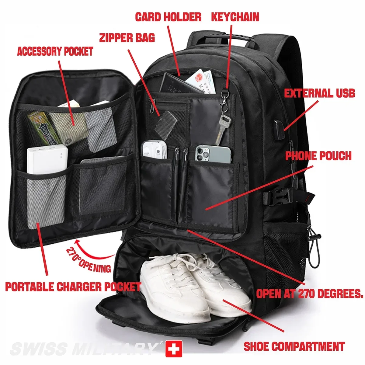 sac à dos de voyage militaire suisse grande capacité étanche usb sac extensible 17.3 pochette d'ordinateur hommes sports de plein air sacs à dos mochila