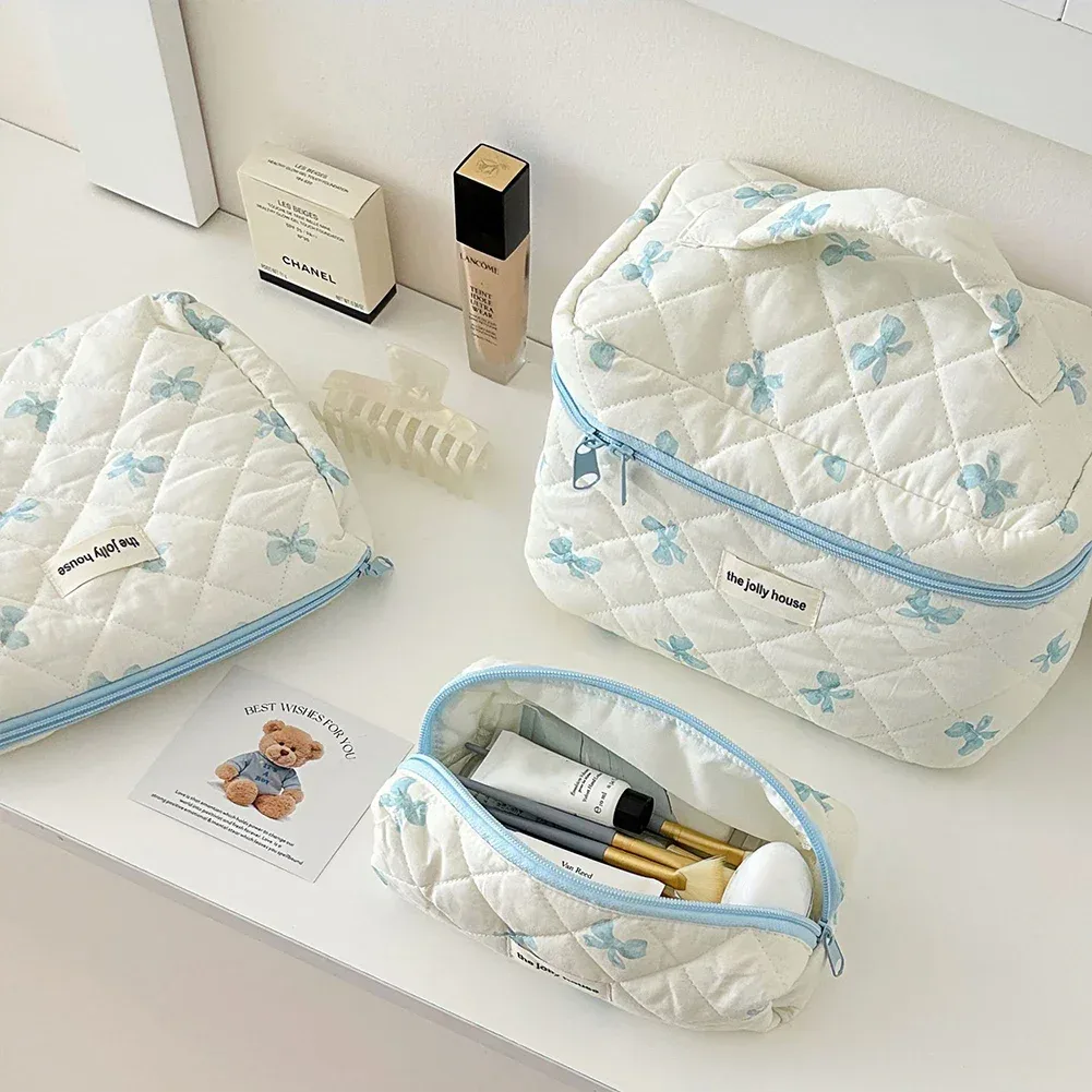 trousse de maquillage en coton matelassé pour femmes, trousse de toilette portable pour filles, trousse de maquillage à fermeture éclair, trousse de toilette à nœud mignon, sac à main pour gril à fleurs