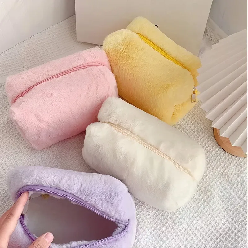 sac de maquillage en peluche grande capacité avec fermeture éclair, pochette portable pour voyage, organisateur de toilette pour femmes et filles, rangement quotidien en extérieur