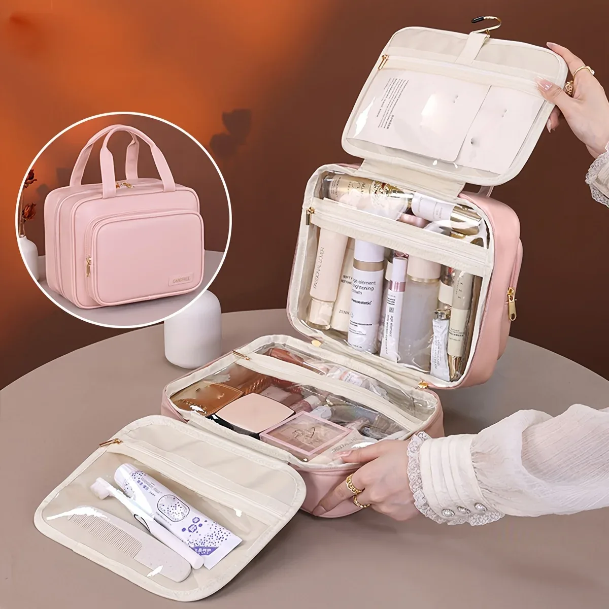 nouveau sac à cosmétiques suspendu en cuir pu pour femmes, rangement portable, organisateur de maquillage, sacs de rangement de toilette de voyage de grande capacité