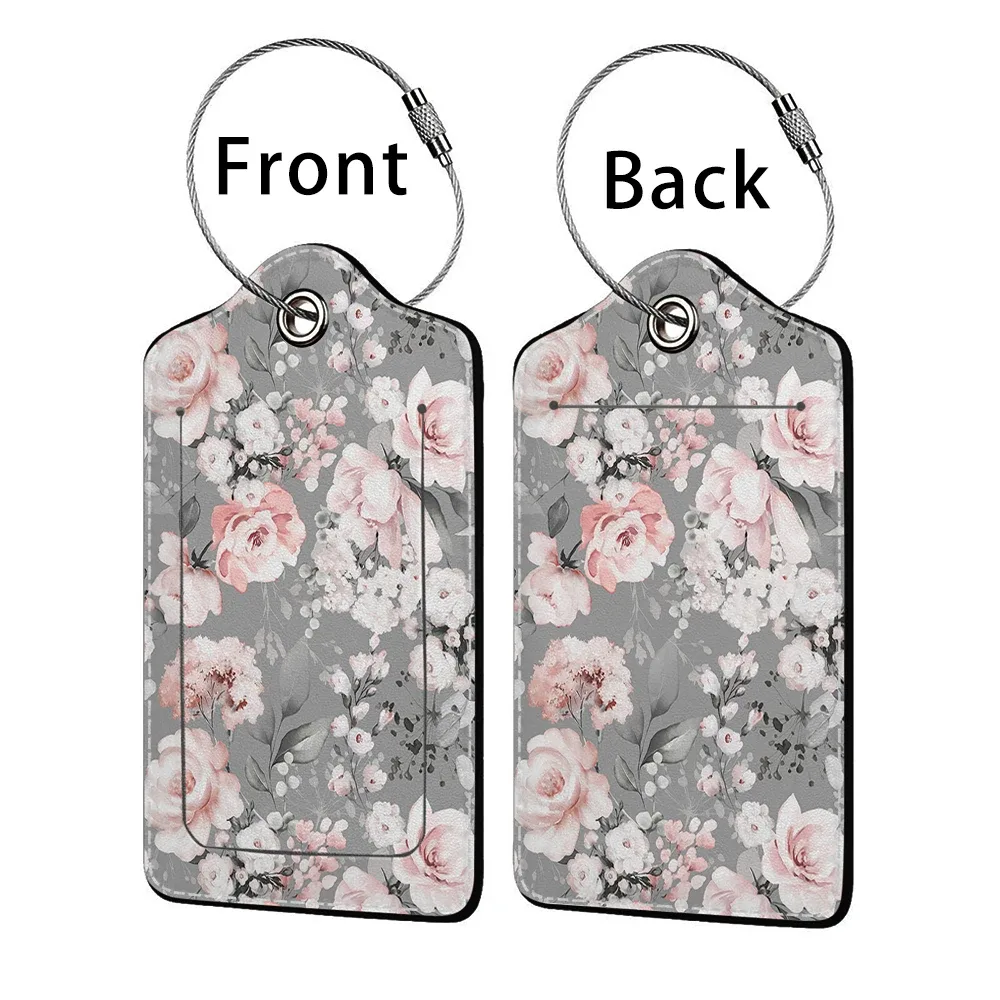 étiquette de bagage d'affaires en cuir imprimé de belles fleurs, étiquette d'adresse de valise, étui d'embarquement de bagages, clip d'adresse d'identification de nom