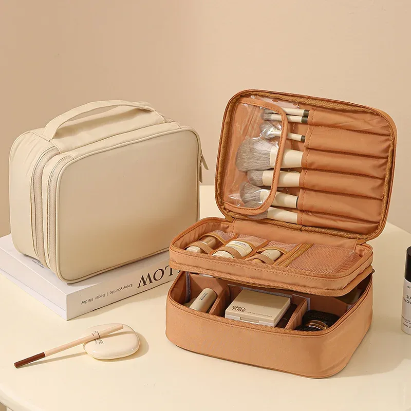trousse de toilette grande capacité à double compartiment avec séparateurs ; sac de voyage portable en tissu oxford