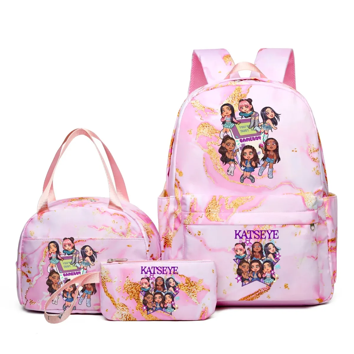 sacs à dos katseye music 3 pièces pour femmes et filles, sacs à dos de voyage et d'extérieur dégradés avec sacs à déjeuner, légers, pour adolescents, ordinateur portable, mochila