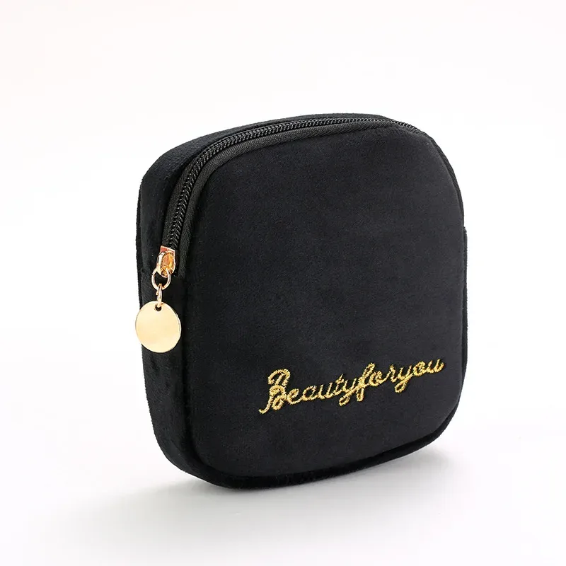 trousse de maquillage en velours avec fermeture éclair pour femme, trousses de toilette, broderie de lettres, poudres cosmétiques, monochromatique, femme