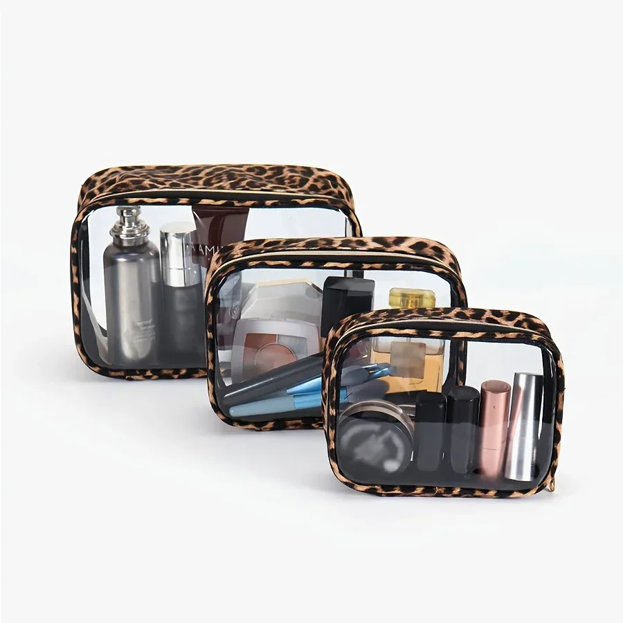 trousse de maquillage transparente à imprimé léopard, trousse cosmétique étanche de grande capacité pour voyage avec fermeture éclair