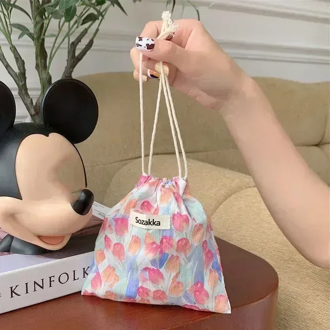 sac de maquillage mignon, cadeau de noël, organisateur de bijoux de bonbons, sac de rangement floral en coton et lin, pochette de rangement de finition pour femmes