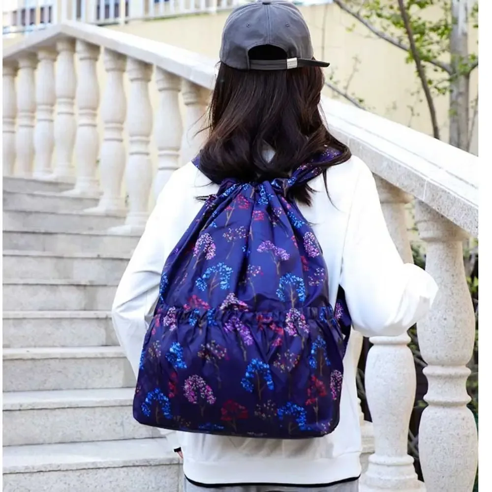 sac à dos décontracté à imprimé floral avec cordon de serrage, imperméable, grande capacité, en polyester, pour le sport et l'école, pour femmes