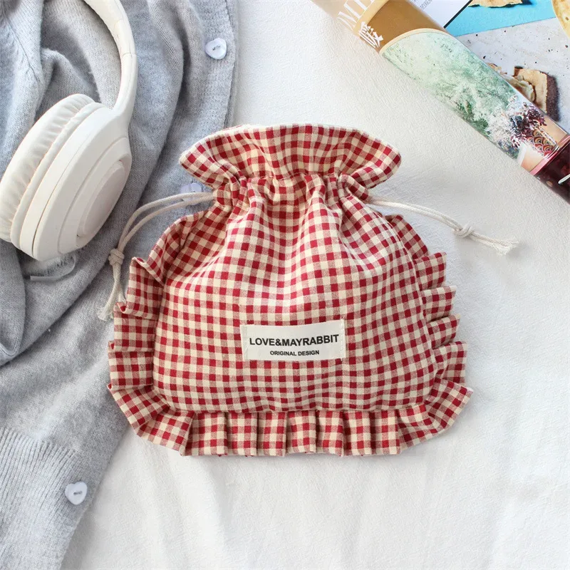 sac à cordon de serrage à carreaux style coréen avec bord festonné, pochette de rangement pour maquillage et bijoux de voyage