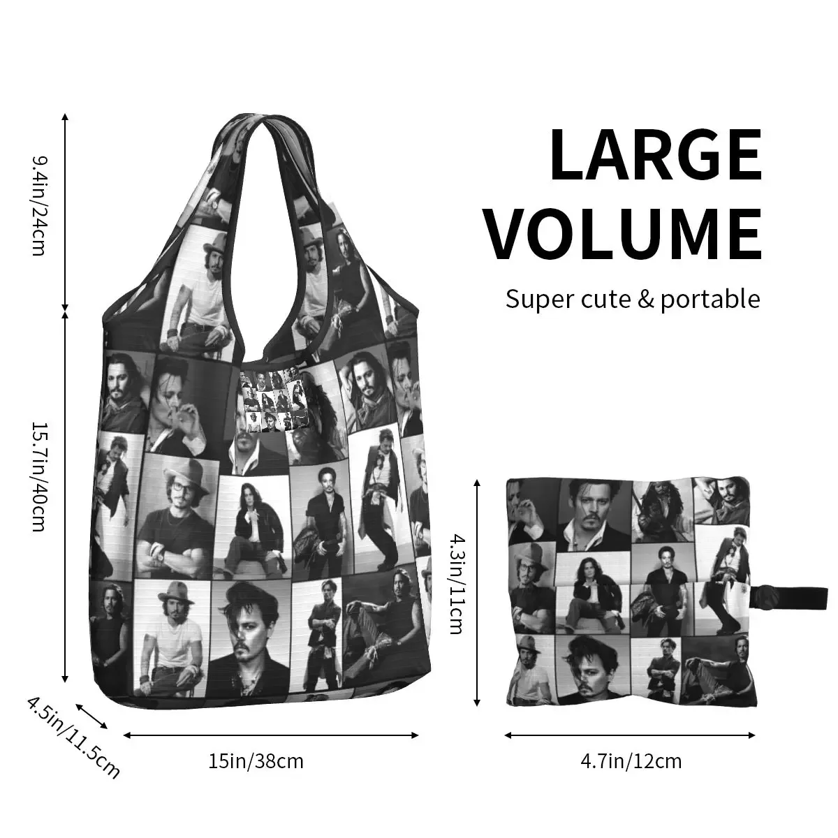 ripstop-sac à provisions réutilisable avec collage johnny depp, sacs fourre-tout d'épicerie, sacs de bungalow de grande capacité, sac à main lavable