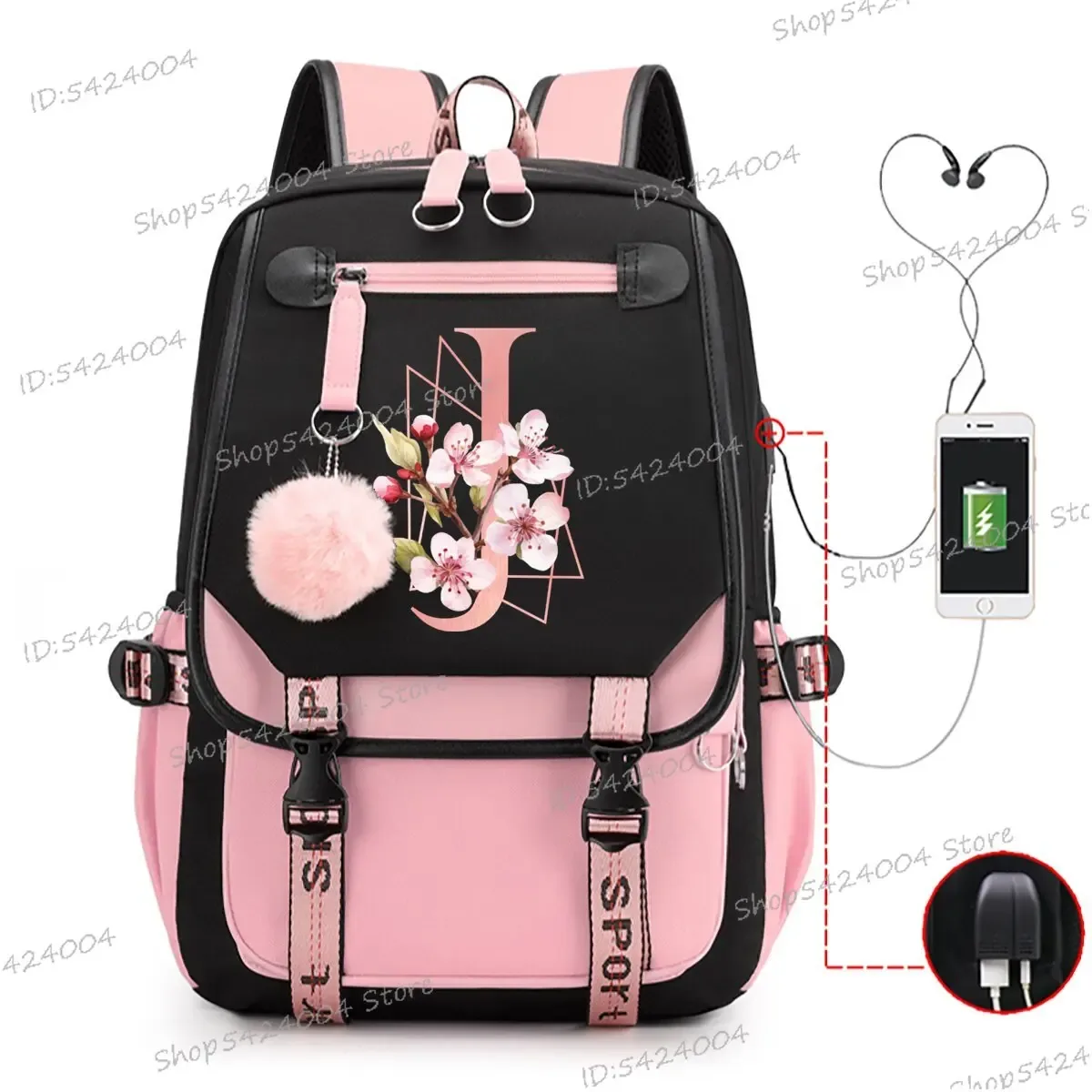 collège étudiants sacs d'école rose sakura lettres r mode voyage sac à dos adolescentes noir rose cartable a-z dessin animé cartable