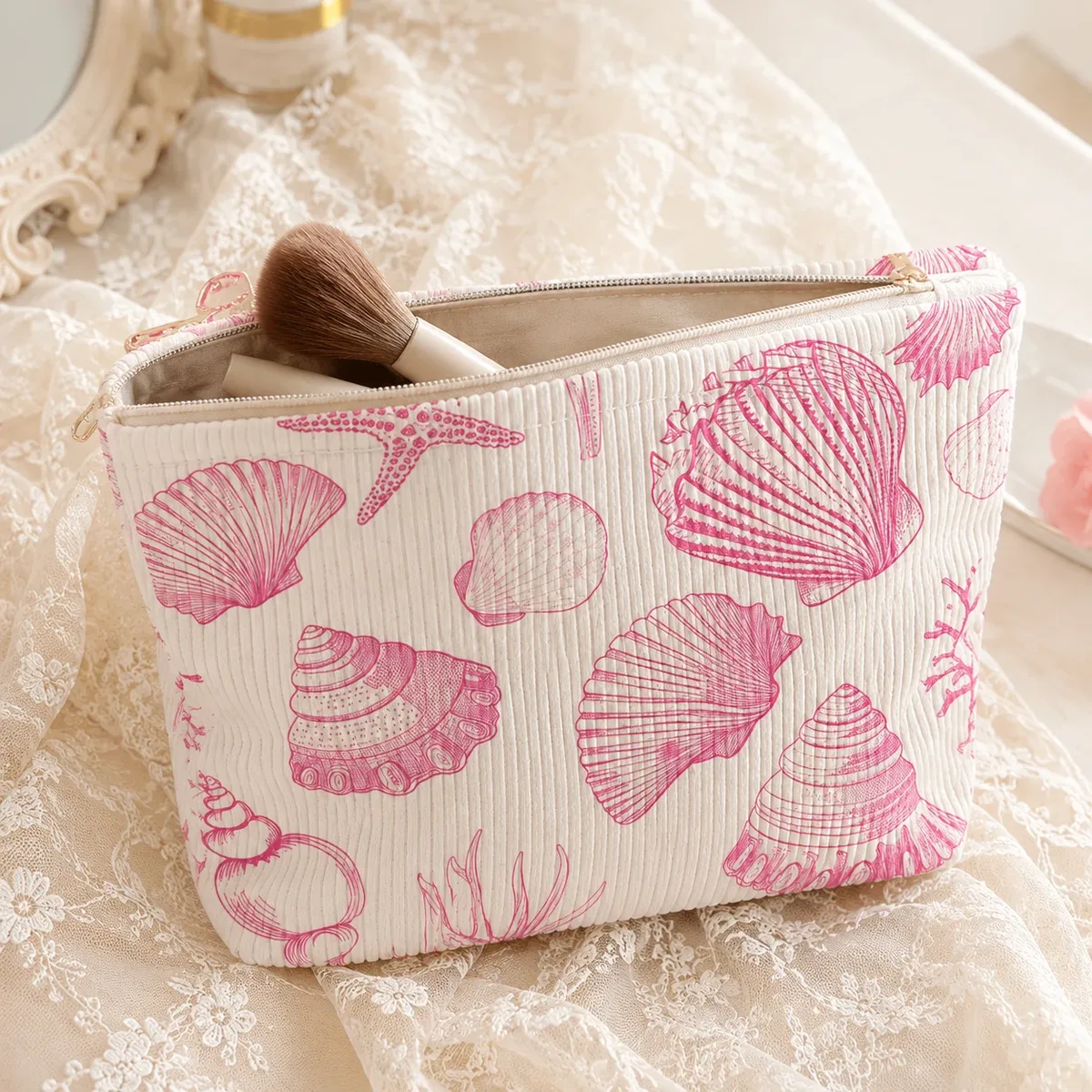 trousse de maquillage femme en velours côtelé rose imprimé coquillage grande capacité avec fermeture éclair pour voyage, plage et articles de toilette