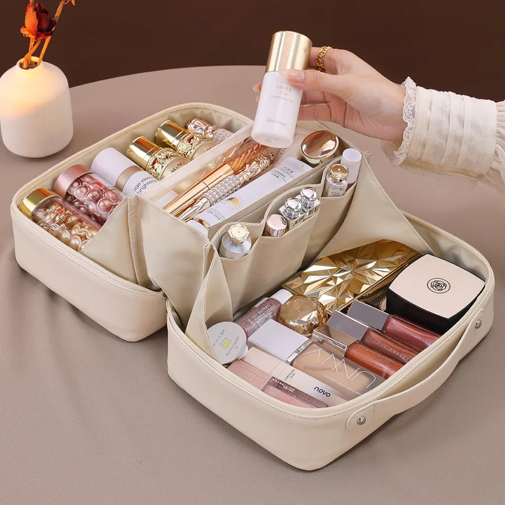 sac de maquillage en cuir pu étanche de grande capacité, sac de rangement de cosmétiques de voyage portable pour femmes, sac de lavage de soins de la peau