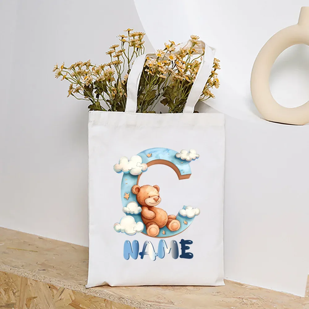 sacs fourre-tout en toile college nuage ours et alphabet personnalisés, sacs à main personnalisés de grande capacité, cadeaux de portabilité pour la rentrée scolaire