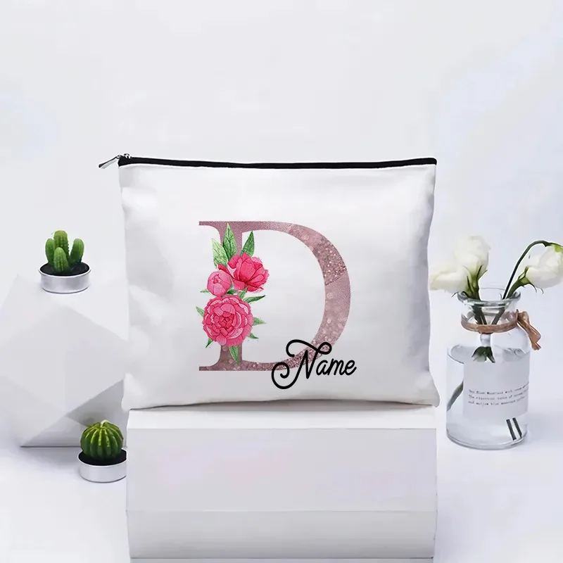 trousse de maquillage personnalisable avec prénom, cadeau de mariage, grande pochette en toile à fermeture éclair, motif floral pivoine, essentiels de voyage, maquillage
