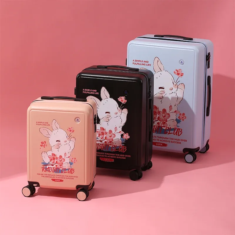ensemble de 1 valise à roulettes mignonne motif lapin fleur de cerisier, grande capacité, bagage léger, adapté