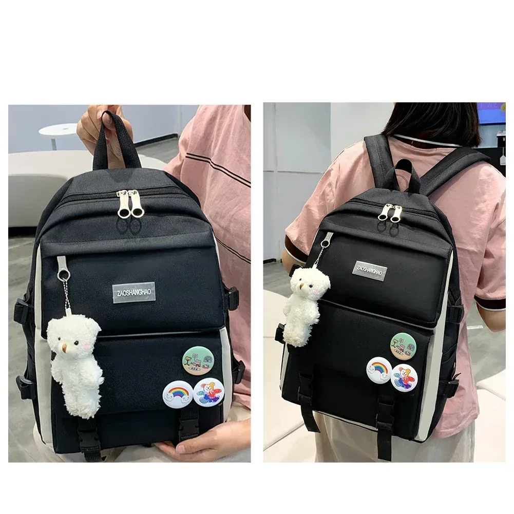 kit de 5 pièces : sac à dos tendance pour femme, grande capacité, imperméable, idéal pour l'université, sac d'école pour ordinateur portable, sac de voyage mignon pour fille.