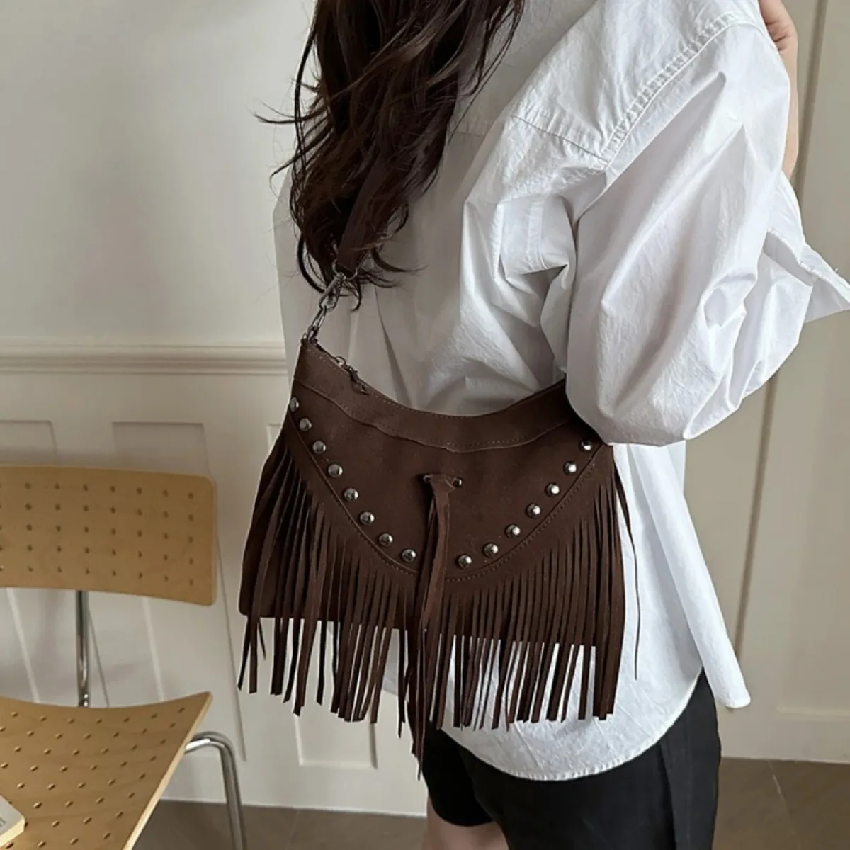 sacs à bandoulière longs à franges pour femmes, style bohème, en faux daim, vintage, avec rivets et fermeture éclair, sacs à bandoulière pour femmes, sacs de travail, sacs à cosmétiques quotidiens