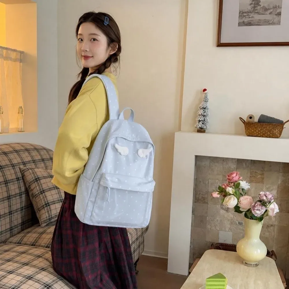 sac à dos à pois de 2 tailles, grande capacité, poche transparente, sac à dos scolaire, motif à pois, sac à dos ailes d'ange pour filles