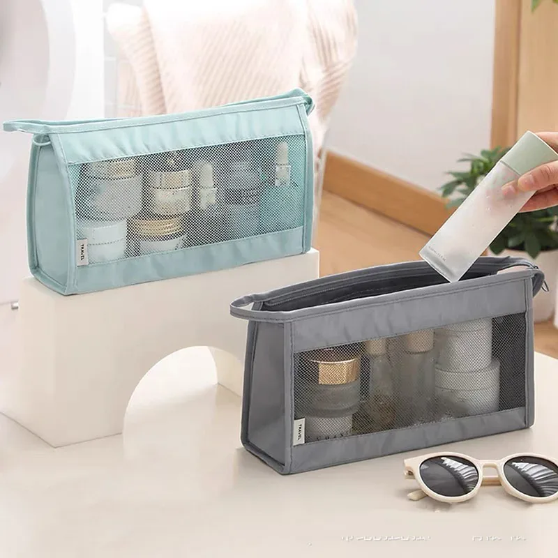Sac de voyage léger et respirant en maille pour femme, trousse de toilette portable transparente pour maquillage et soins de la peau