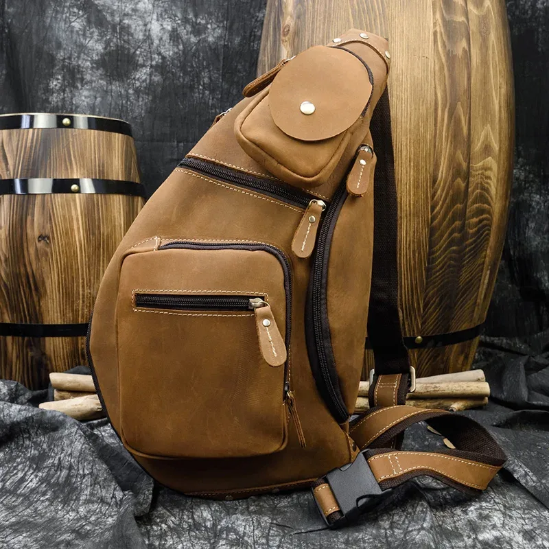 sac à dos en cuir de cheval fou pour hommes, petit sac de poitrine décontracté, sac de voyage vintage en cuir de vache, sac à bandoulière en cuir de vache