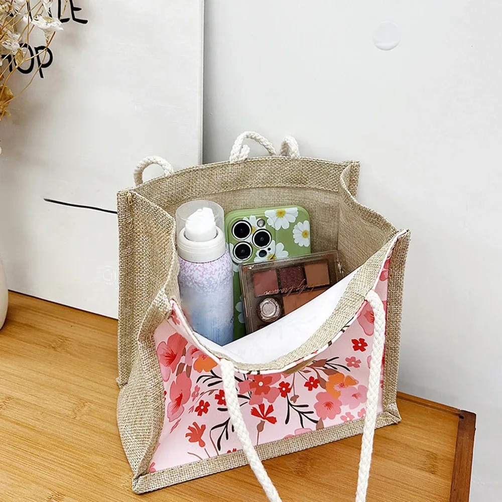 sac fourre-tout en lin avec fermoir à bouton, sac à lunch en poudre, sac fourre-tout, sac à main à bento, impression de fleurs mignonnes, sac à bento alimentaire pour pique-nique