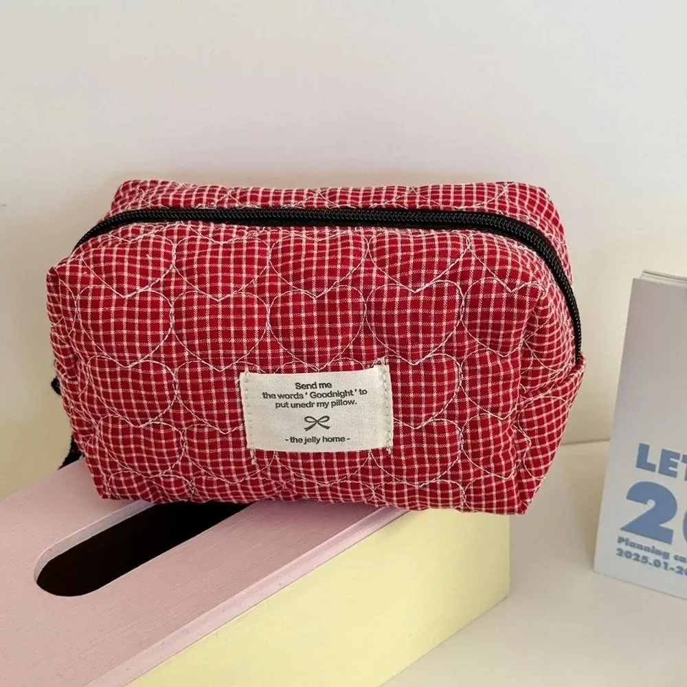 trousse de maquillage classique matelassée en forme de cœur, style coréen, grande capacité, pochette cosmétique à fermeture éclair, motif écossais, pour extérieur