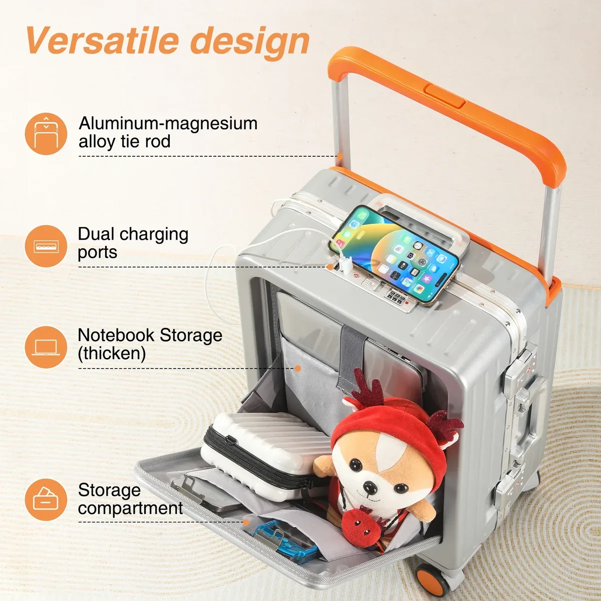 valise cabine à ouverture frontale avec roues pivotantes, port de charge, cadre en aluminium et poignée à code, idéale pour l'embarquement en avion