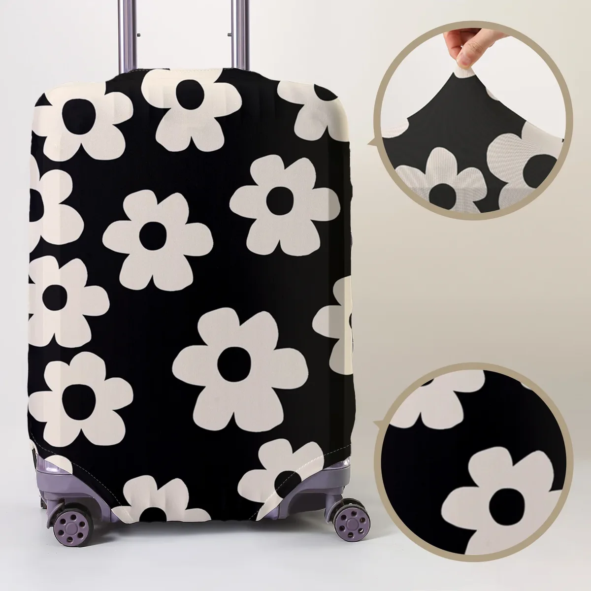 housse de protection pour bagages à motif floral noir et blanc, convient aux housses de bagages de 18 à 32 pouces, gants pour poignée de bagage, tr
