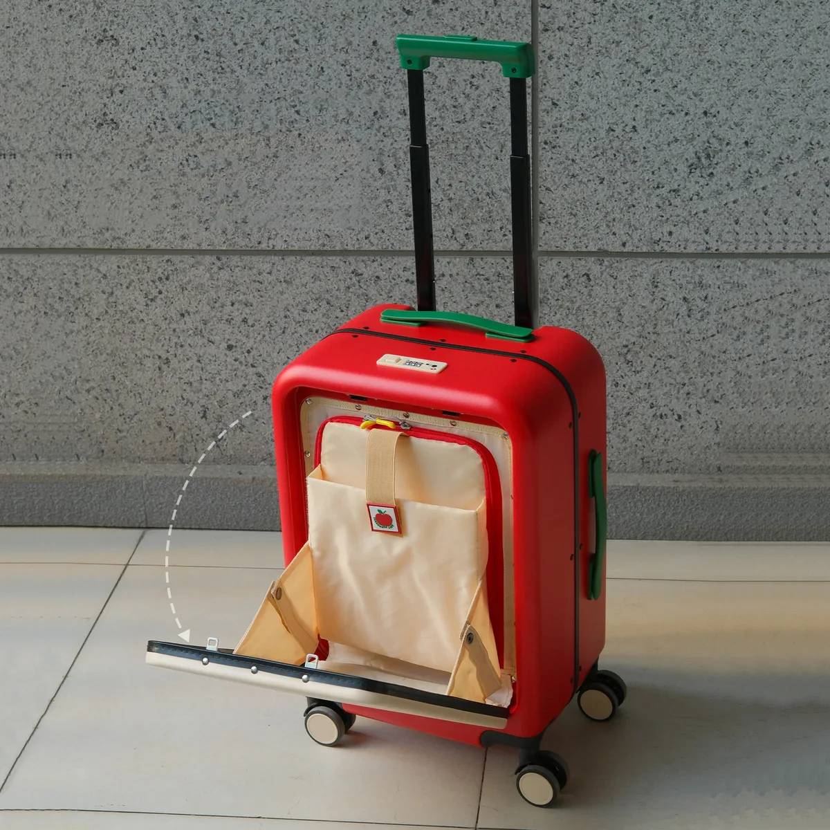 valise à motif de dessin animé pomme, 20 pouces, mignonne, à ouverture frontale, bagage à main avec cadre en aluminium et serrure tsa, valise légère