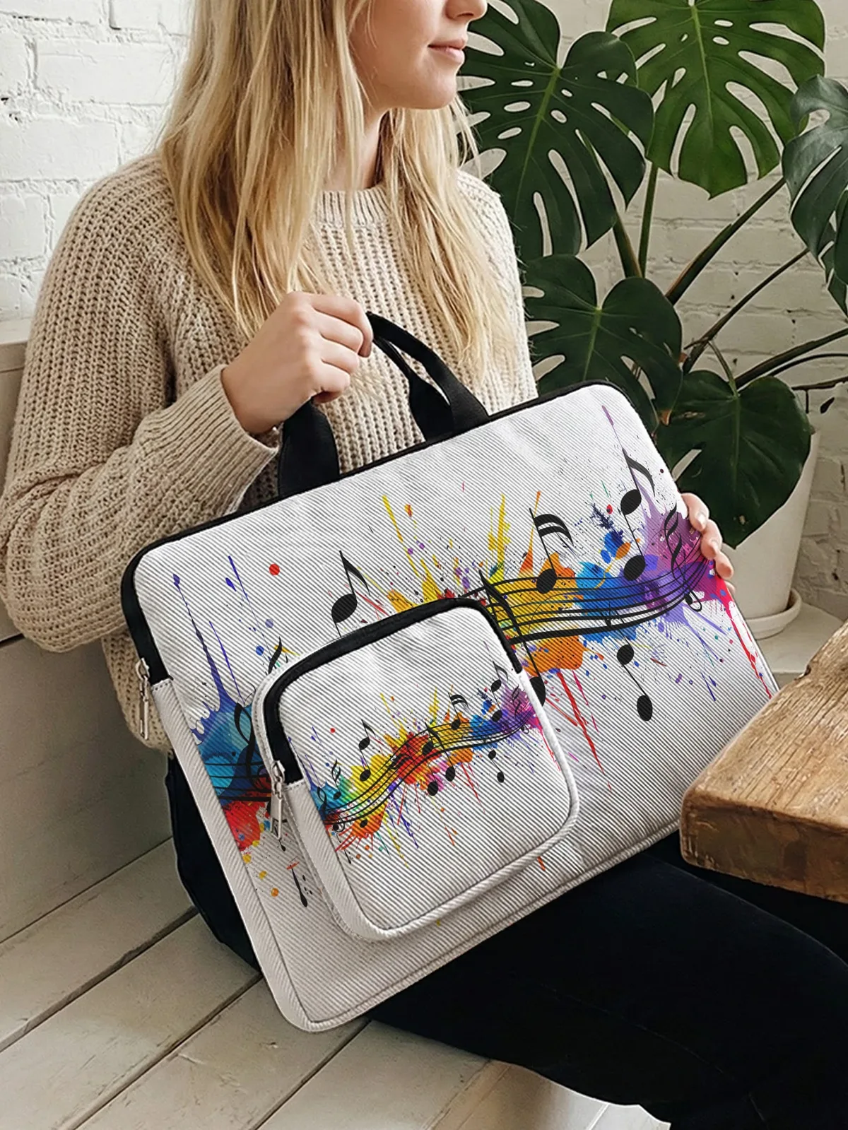 sac à main pour ordinateur portable rainbow splash music note avec poche supplémentaire, étui antichoc pour or