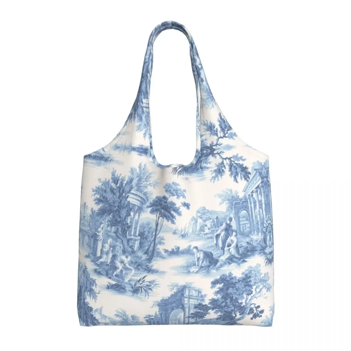 toile de jouy française classique vintage personnalisée, fourre-tout à motif bleu marine, fourre-tout de shopping en toile réutilisable, sac à bandoulière