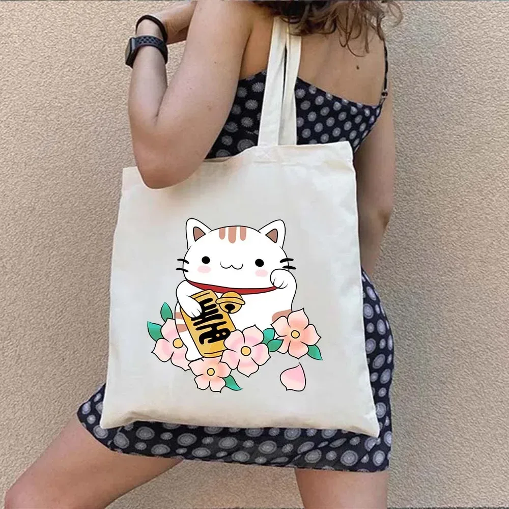 sac fourre-tout en toile à bandoulière pour le shopping, motif maneki neko, chat porte-bonheur japonais mignon, style mont fuji, style japonais, geisha de kyoto, tokyo japon