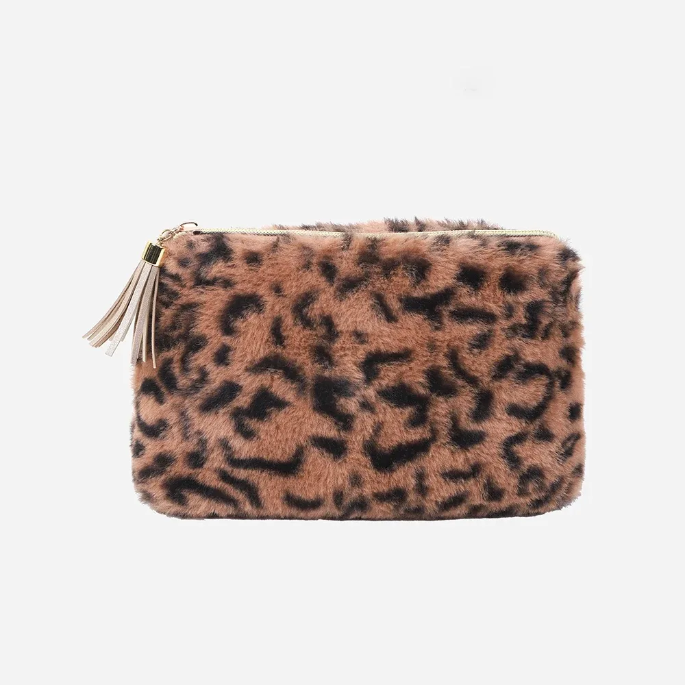 sac à cosmétiques en peluche léopard avec pompon en pu, pochettes de toilette de voyage douces, organisateur d'accessoires, pochette cadeau pour femmes et filles