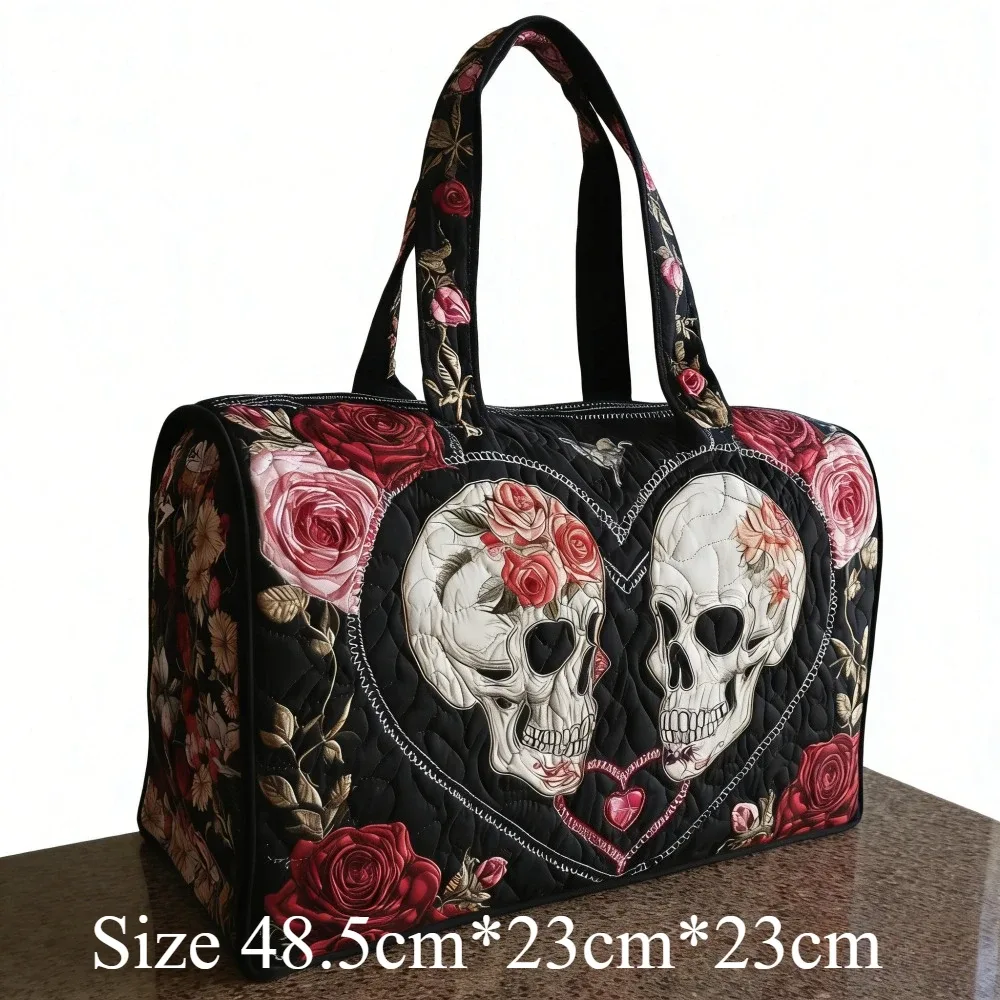 sac de voyage matelassé 3d vintage gothique imprimé crâne et rose, sac de week-end, bagage cabine, sac à main y2k style motard chic, sacs de vacances uniques