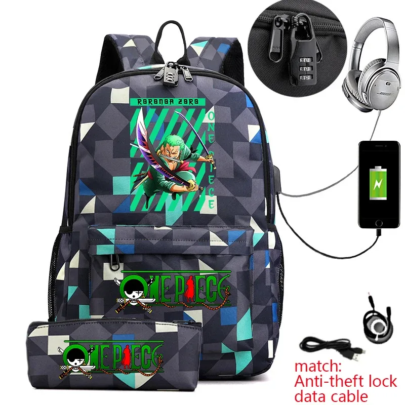 sac à dos d'école imprimé one piece zoro, antivol, pour enfants et adolescents, avec trousse à crayons