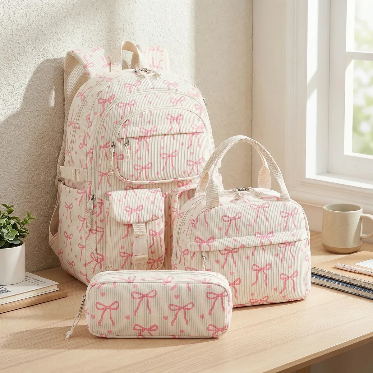 sac à dos en velours côtelé pour femmes, multi-poches, multi-couches, avec sac à lunch et trousse à crayons, sac à dos de voyage de grande capacité