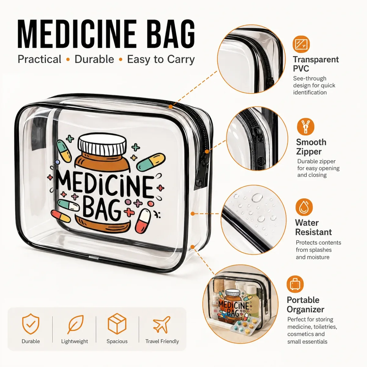 sac à médicaments transparent en pvc imperméable, sac de rangement pour médicaments de voyage, pilules de premiers secours, cosmétiques, articles de toilette, organisateur portable