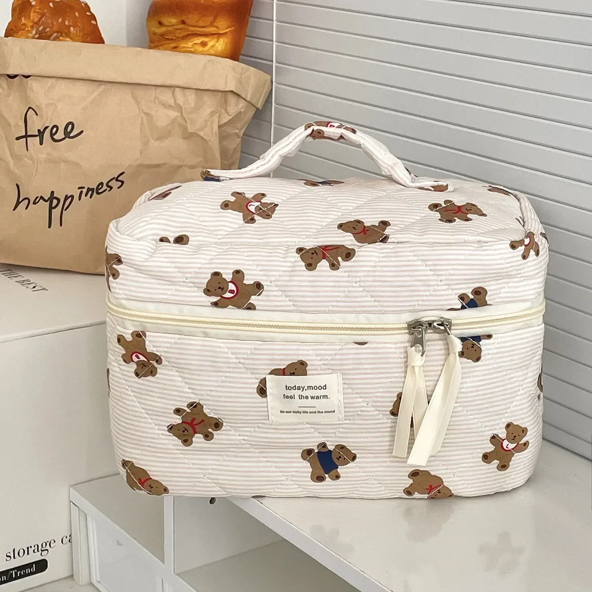 1pc matelassé ours mignon sac de maquillage floral sac cosmétique femmes fille voyage trousse de toilette organisateur coton pinceaux de maquillage mallette de rangement