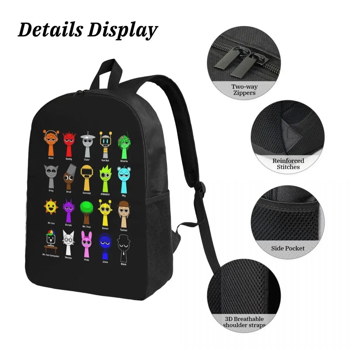 sac à dos scolaire pour étudiants garçons et filles, sac à dos pour ordinateur portable, sacs à bandoulière, ensemble de 3 pièces avec sac à lunch isotherme et trousse à crayons, motif all my sprunki game toys