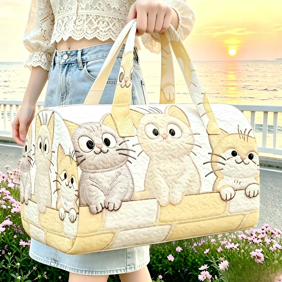 sac de voyage matelassé motif chaton mignon pour femme, sac à main de week-end, sac de sport portable, bagage cabine pour court séjour, sac fourre-tout