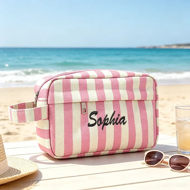 trousse de toilette rayée à double compartiment, portable pour les voyages, idéale pour les trajets quotidiens, les vacances, la plage, les fêtes, cadeaux créatifs, anniversaires, rentrée scolaire, remise des diplômes.