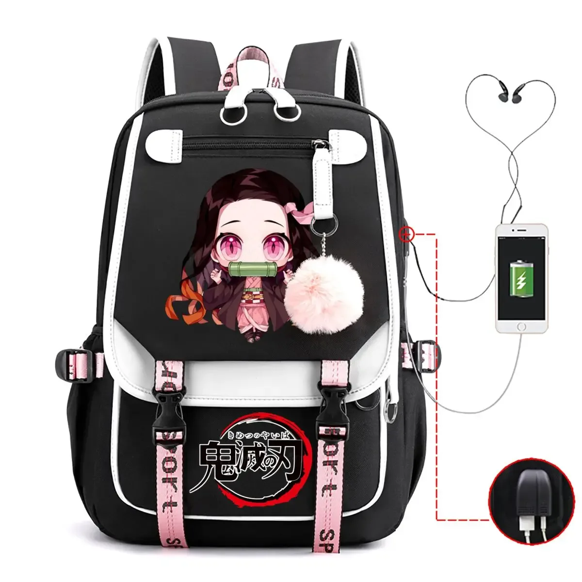 anime kamado nezuko imprimer sacs à dos femmes filles usb sacs de charge grande capacité enfants adolescent cartables voyage sacs à dos