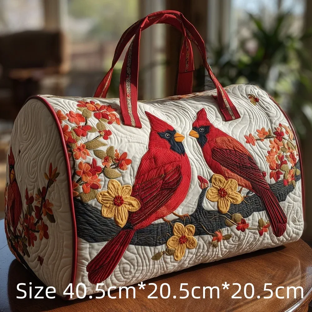 sac de voyage matelassé 3d vintage tendance, imprimé floral oiseau cardinal, sac de week-end, de sport ou de plage durable, sac fourre-tout pour femme