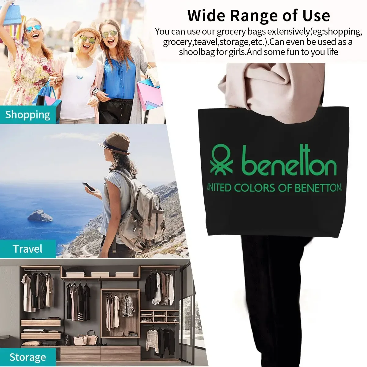 sac fourre-tout de shopping united colors of benetton, sacs à bandoulière en toile de grande capacité, sac à main d'épicerie pour femmes