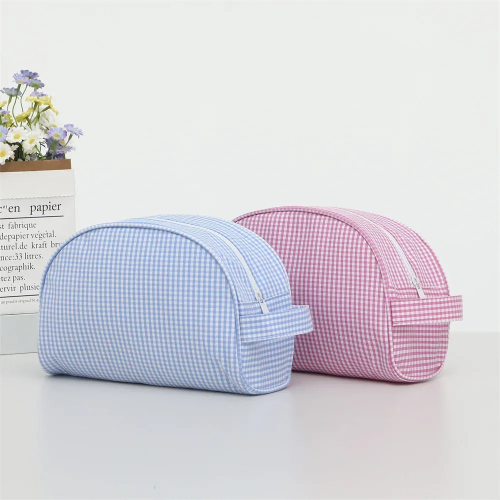 Grand sac à main à carreaux pour femme, trousse cosmétique à carreaux, trousse de maquillage, trousse de toilette, poudres, rose, bleu, voyage